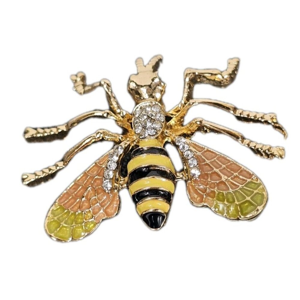 Gold Tone Bee Brooch Pin with Rhinestones & Enamel Wings Insect VTG - Picture 2 of 6